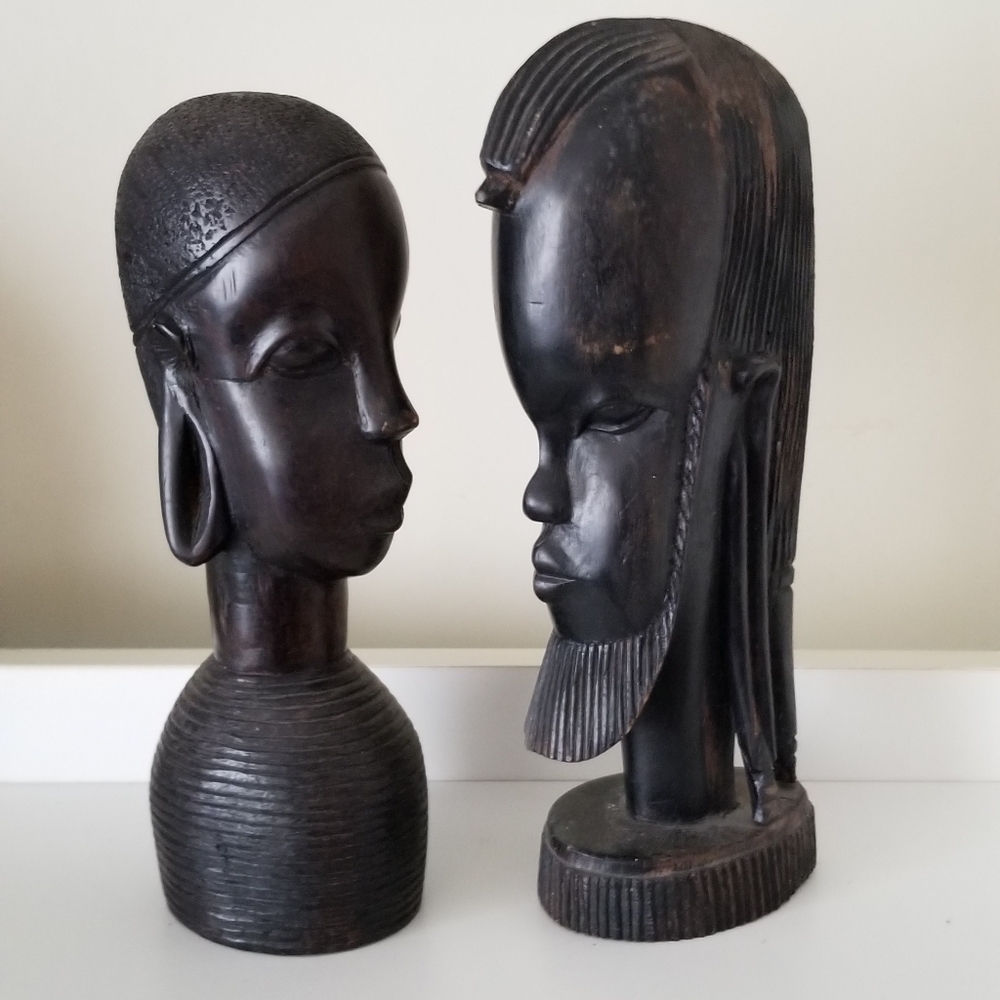 African Tribal Man Woman Heads Iron Wood Carvings